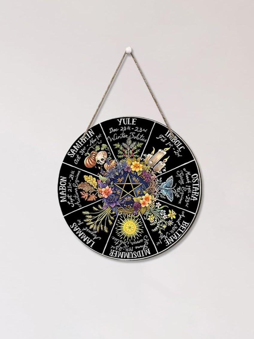 Pagan Wheel of the Year Wooden Sign with Pentagram